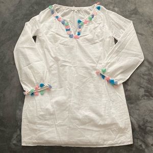 Pampelone, Large, Women’s white dress with fun, colorful frills on neck and cuff